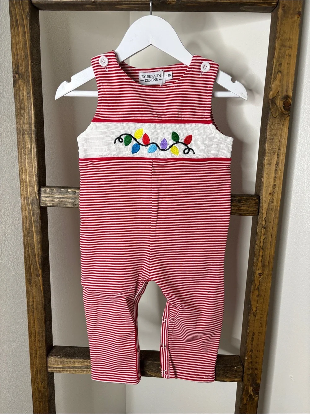 Rylee Faith Red Striped Christmas Lights Embroidered Smocked Overalls 12M